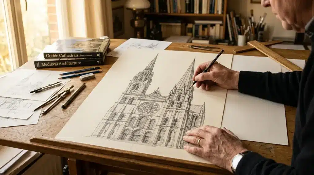 Homme dessinant une cathédrale gothique à la main sur un bureau