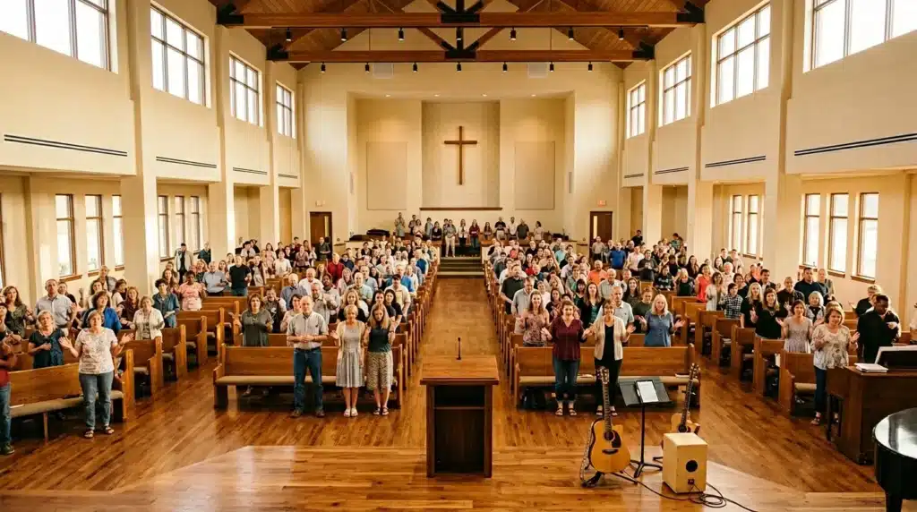Congrégation debout lors d'un service dans une église moderne