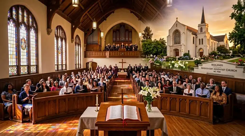 Congrégation dans une église avec Bible ouverte et vitraux