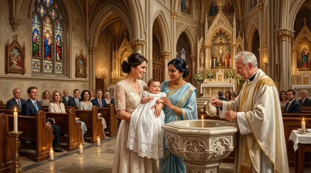 Prêtre célébrant un baptême d'enfant en église avec famille.