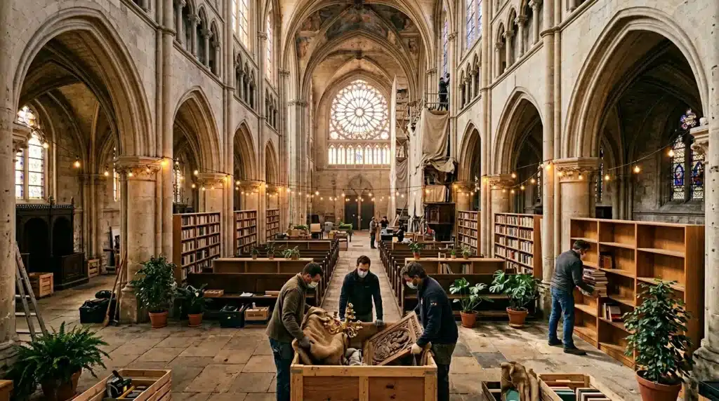 Intérieur d'une cathédrale transformée en bibliothèque avec livres et plantes