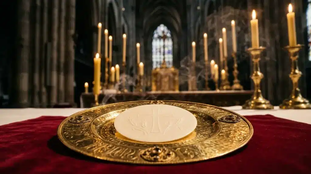 Calice doré avec patène blanche dans une cathédrale illuminée