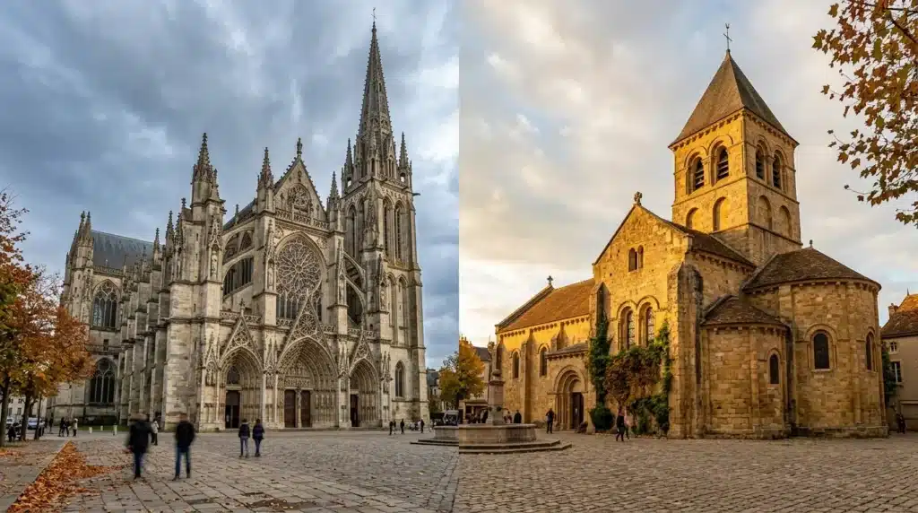 Deux églises de pierre dans une place pavée d'automne