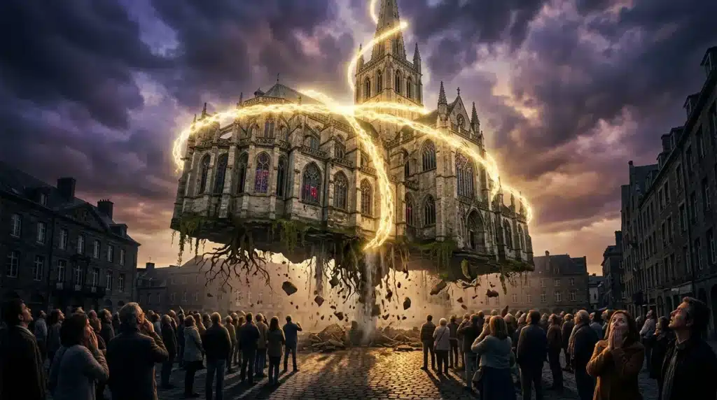Cathédrale gothique flottante entourée de lumière dorée et de foule