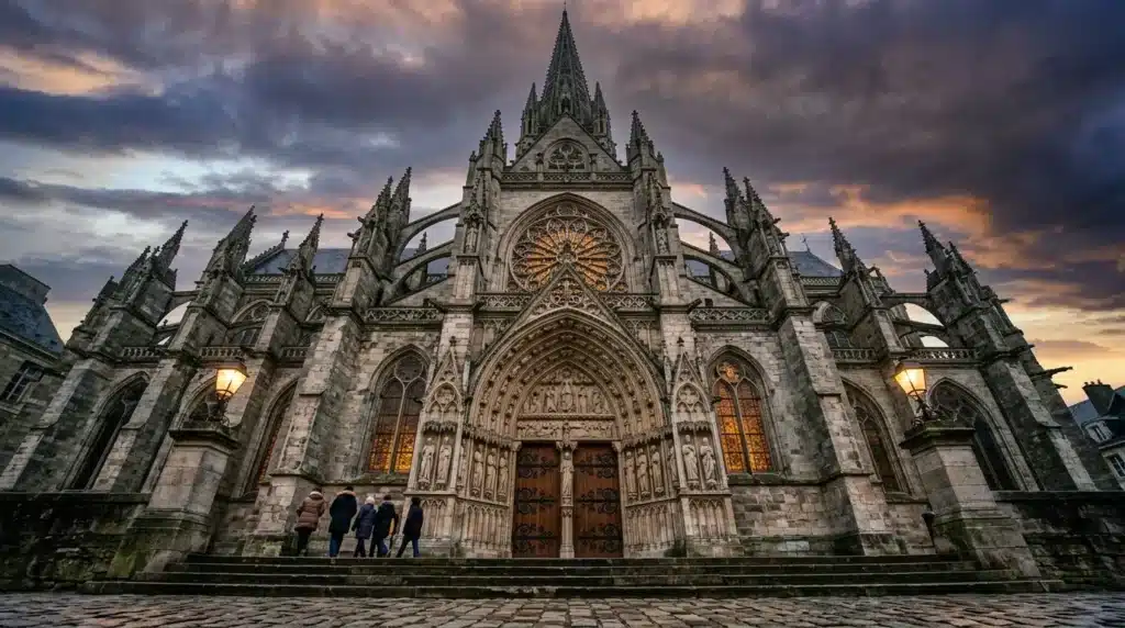 Façade de cathédrale gothique illuminée au coucher du soleil