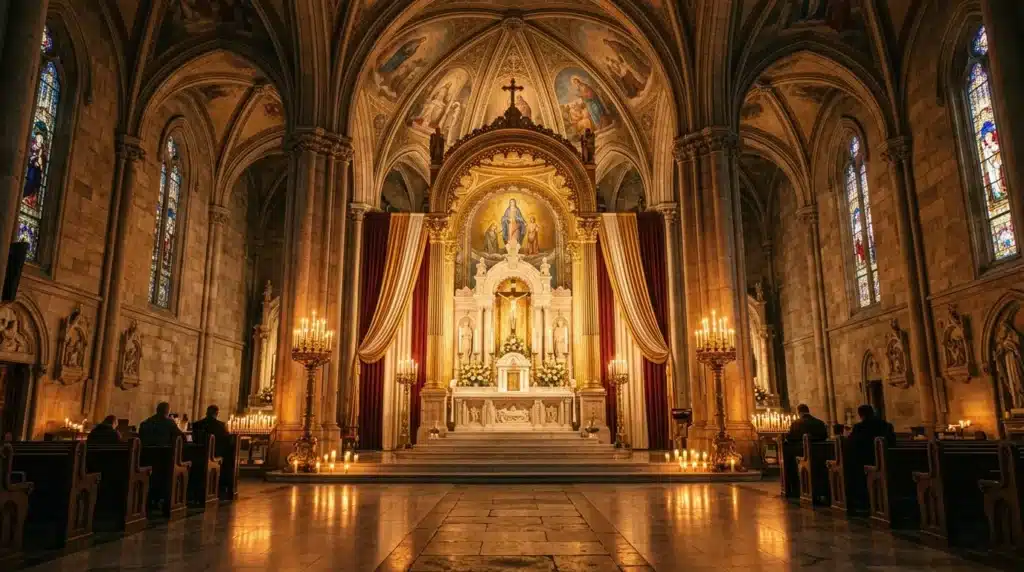 Intérieur d'une cathédrale gothique avec autel central illuminé