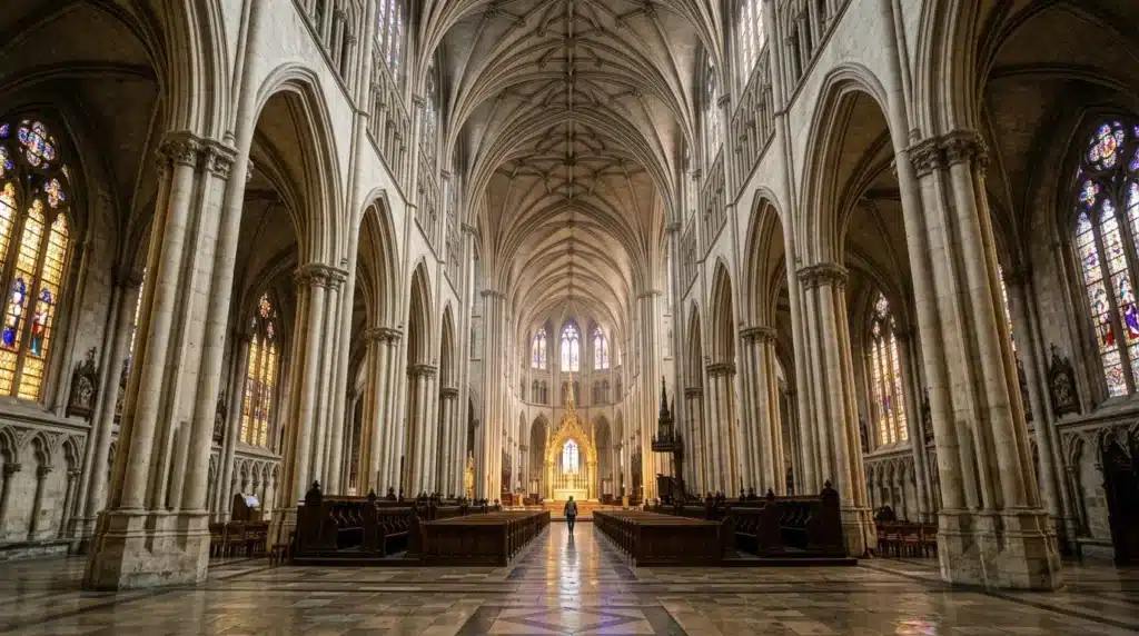 Intérieur d'une cathédrale gothique avec voûtes et vitraux colorés