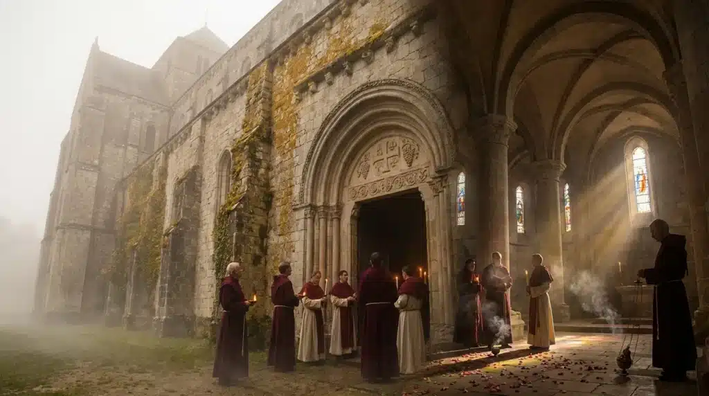 Moines en robes rouges et blanches dans une abbaye ancienne avec lumière divine