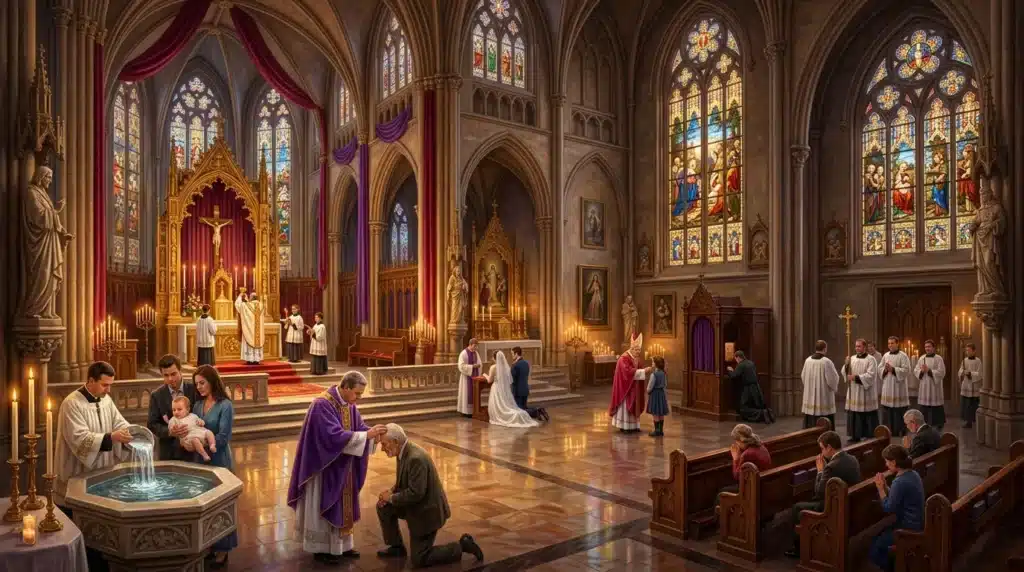 Prêtre baptisant un enfant dans une église gothique majestueuse