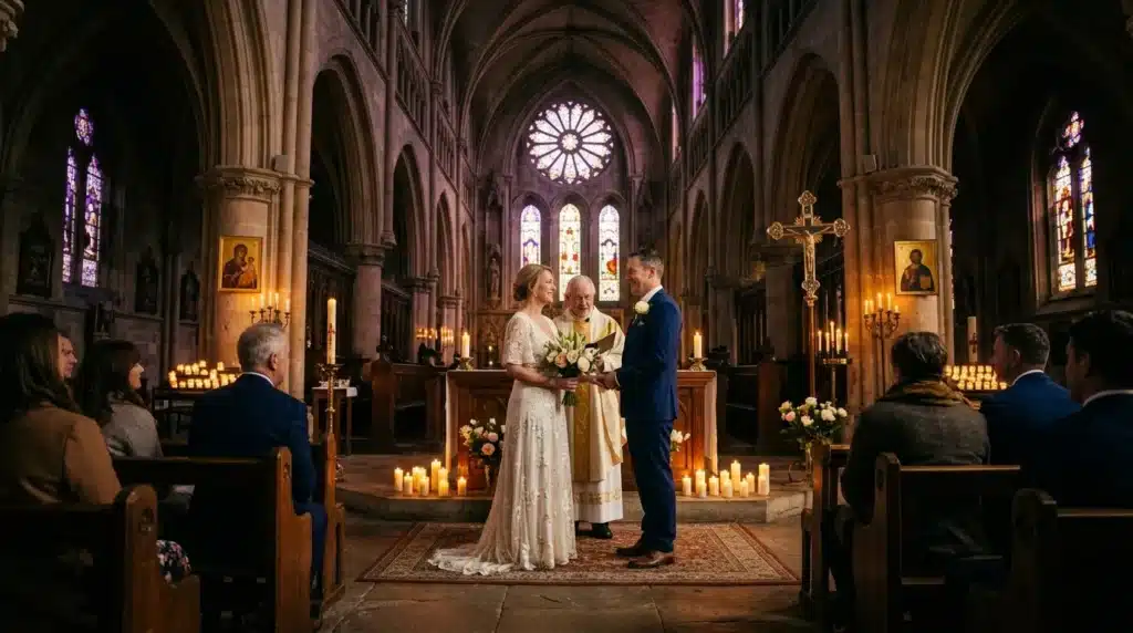 Couple échangeant vœux devant prêtre dans cathédrale illuminée