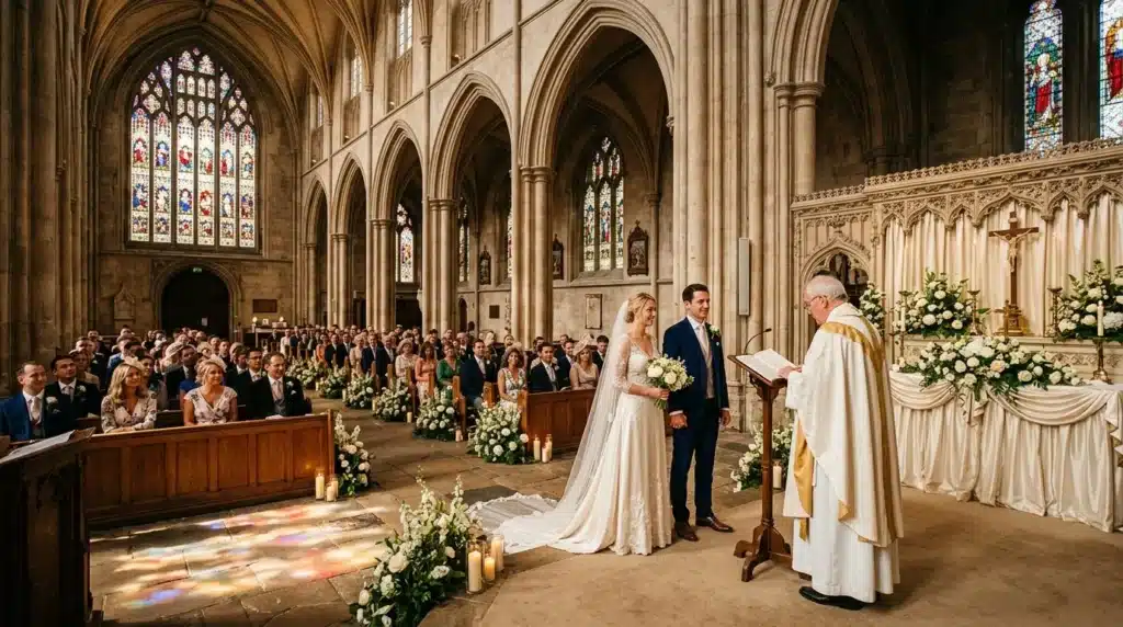 Mariage religieux dans une cathédrale gothique avec prêtre