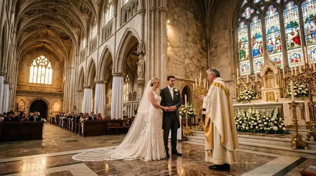Mariage à l'église : couple devant un prêtre en costume traditionnel.