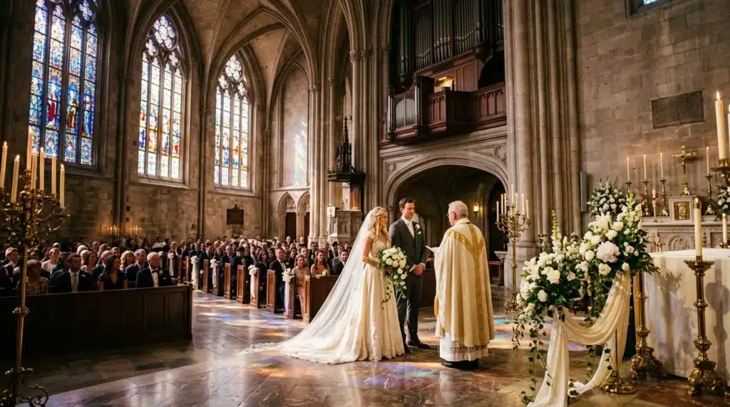 Mariés à l'autel d'une belle cathédrale gothique décorée