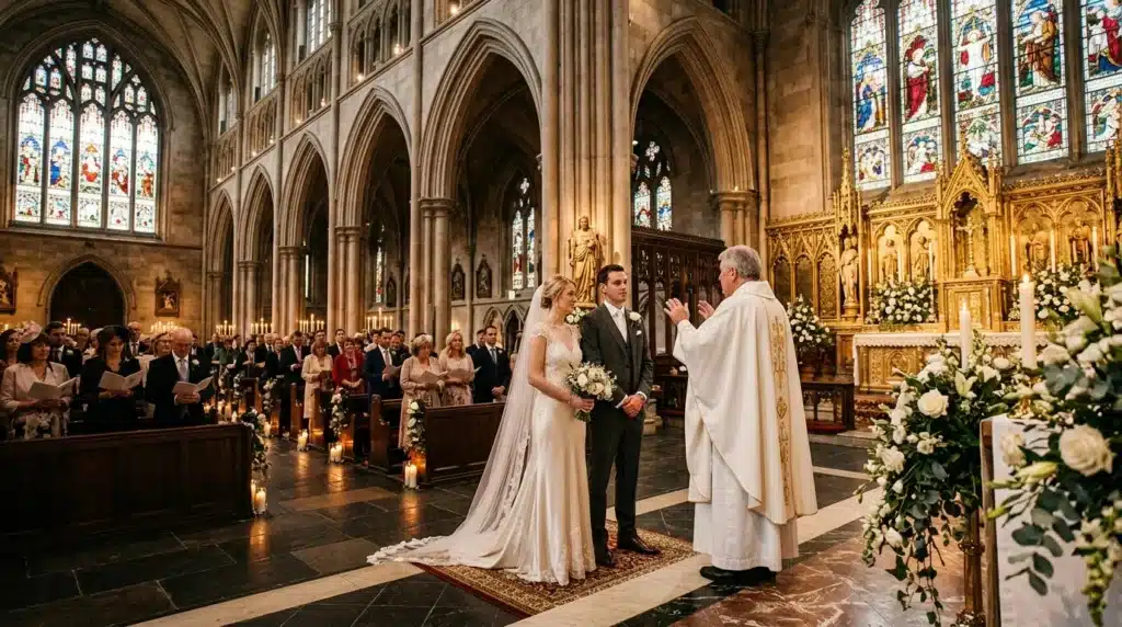 Couple échange vœux devant prêtre dans cathédrale gothique