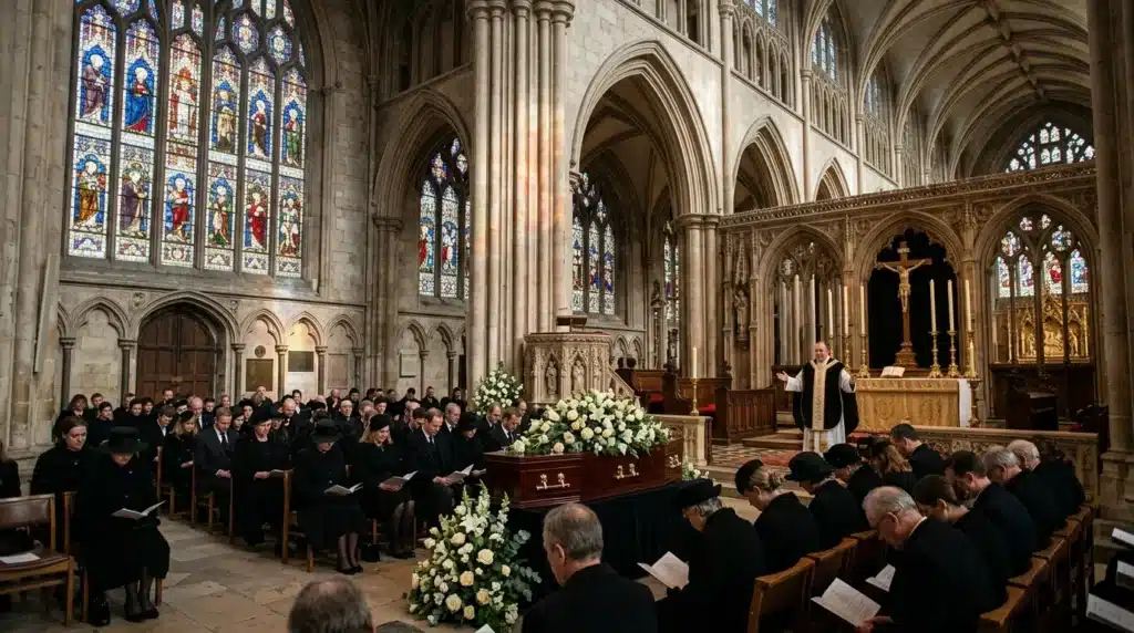 Assistance recueillie lors d'un service funéraire dans une cathédrale gothique