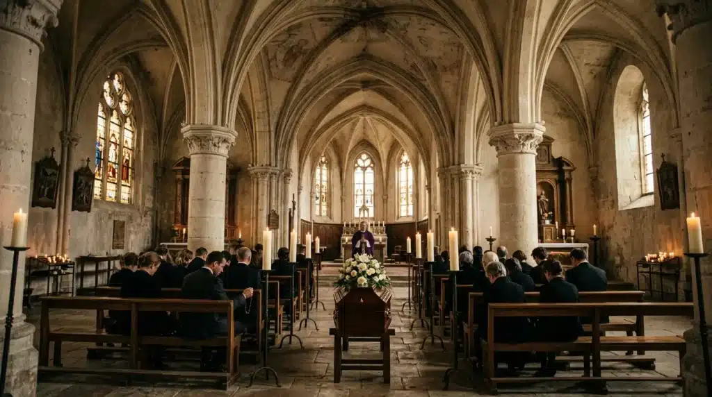 Cercueil fleuri dans une cathédrale gothique lors d'une cérémonie funéraire