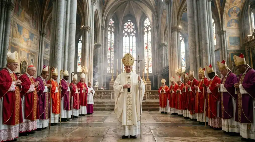 Évêque en blanc entouré de prêtres en rouge dans une cathédrale gothique