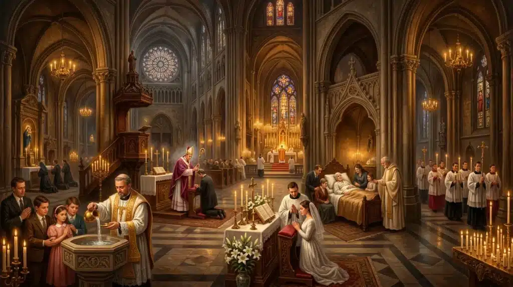 Intérieur de cathédrale gothique avec fidèles participant à des offices religieux