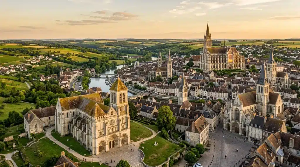 Cathédrale de Chartres surplombant la ville médiévale et ses églises.
