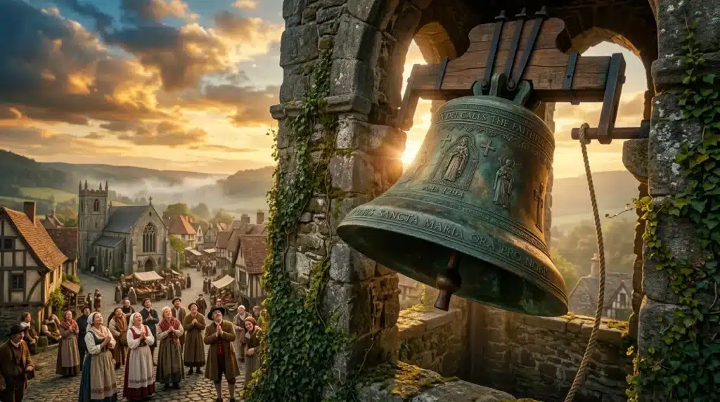 Grande cloche de bronze dans tour médiévale surplombant village