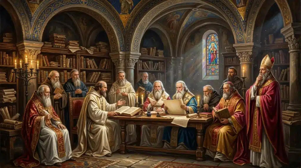 Moines et évêques en discussion autour d'une table dans une bibliothèque