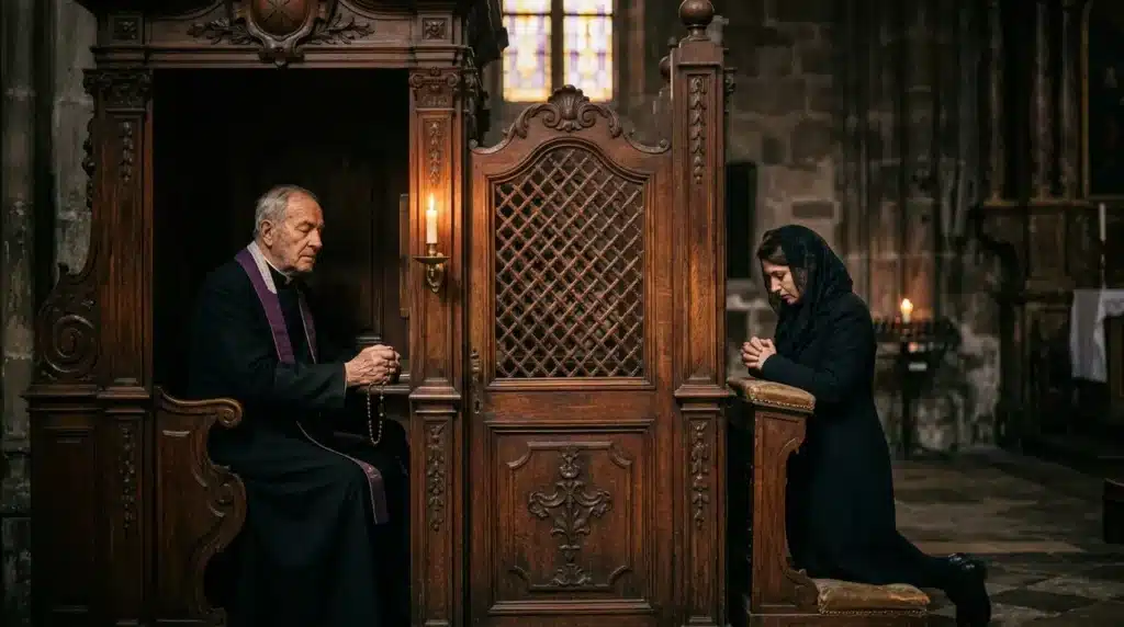 Prêtre et pénitente en confession dans le confessionnal