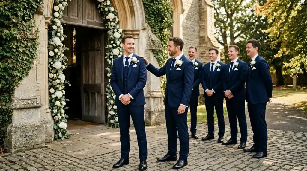 Six hommes en costumes bleus devant une église décorée
