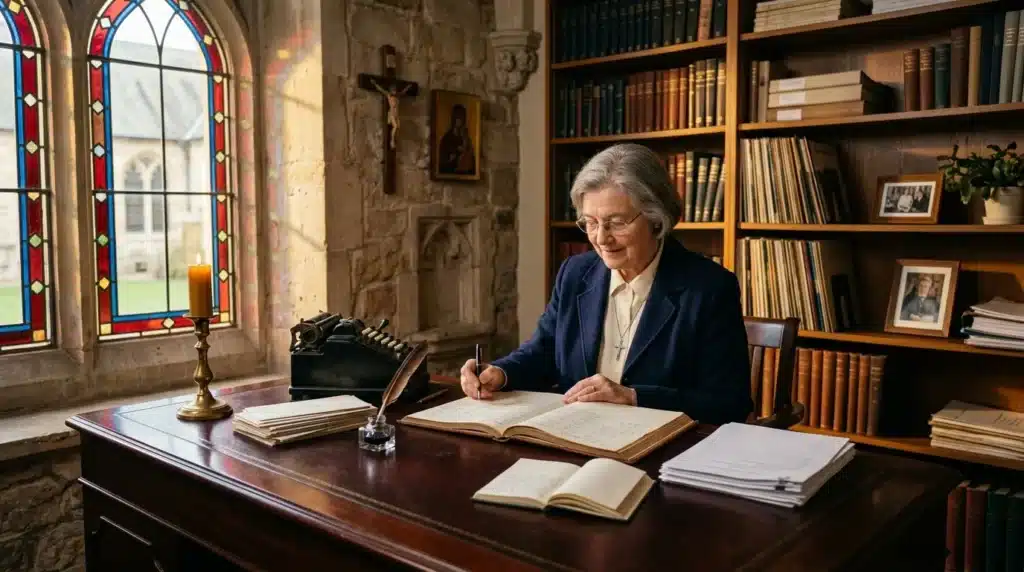 Femme écrivant à son bureau dans une bibliothèque religieuse