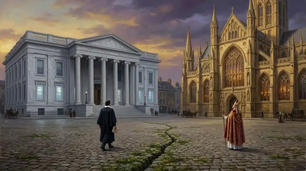 Deux figures face à face devant bâtiments classiques et gothiques