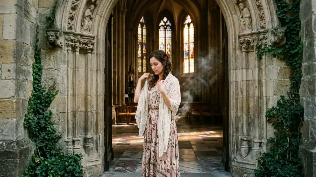 Femme en robe fleurie devant portail gothique illuminé