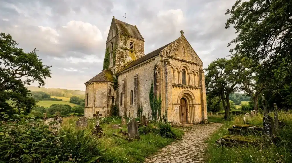 Église de pierre avec clocher entourée de cimetière et verdure