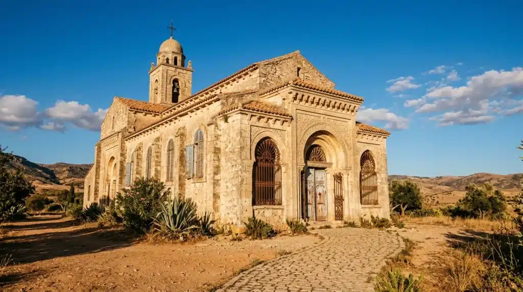 Ancienne église en pierre avec dôme doré, paysage désertique aride