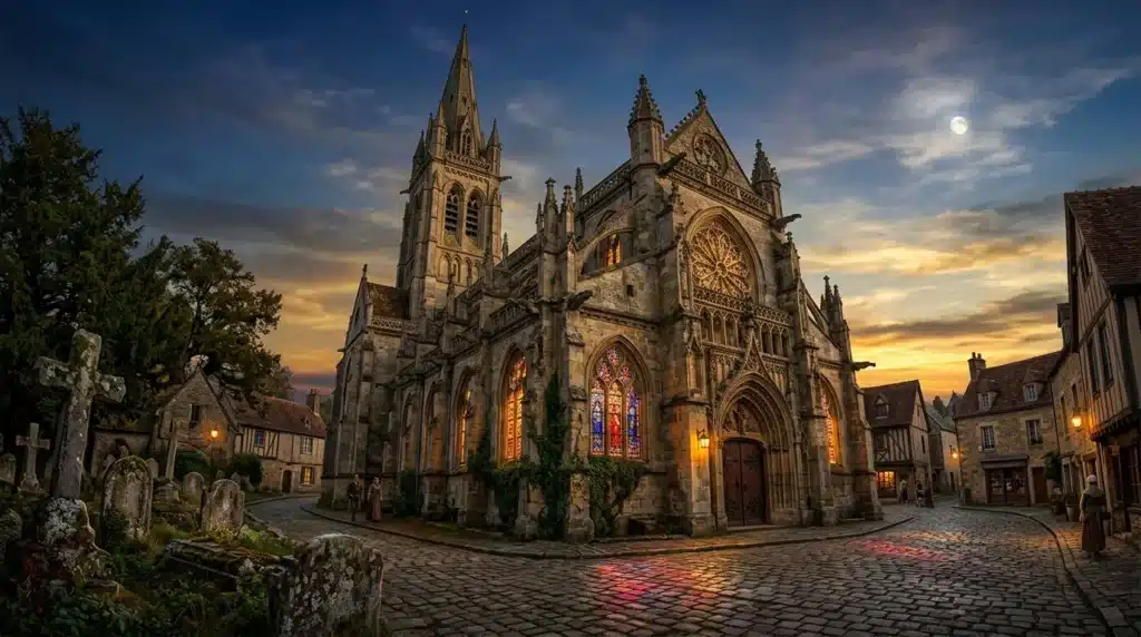 Église médiévale illuminée au coucher de soleil, cimetière ancien