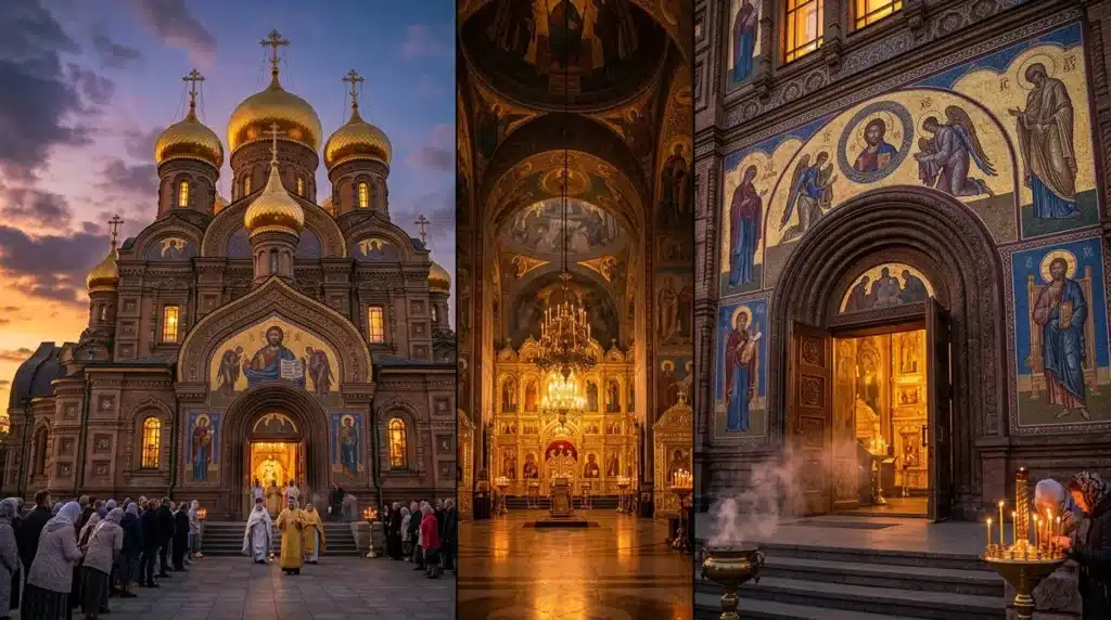 Cathédrale orthodoxe aux dômes dorés brillants et icônes religieuses