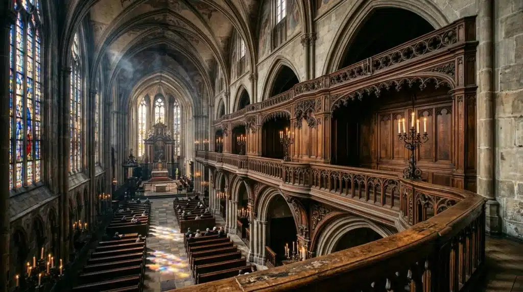 Nef de cathédrale gothique avec vitraux, voûtes et galeries en bois