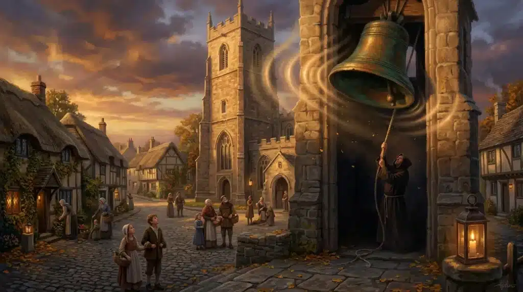 Homme sonnant la cloche d'une église médiévale au coucher du soleil