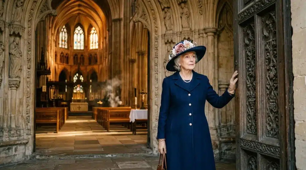 Femme élégante en bleu devant cathédrale gothique illuminée