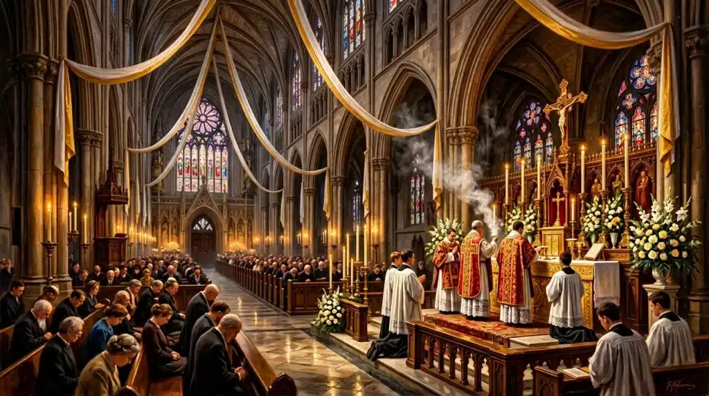 Intérieur de cathédrale avec prêtres à l'autel et fidèles en prière