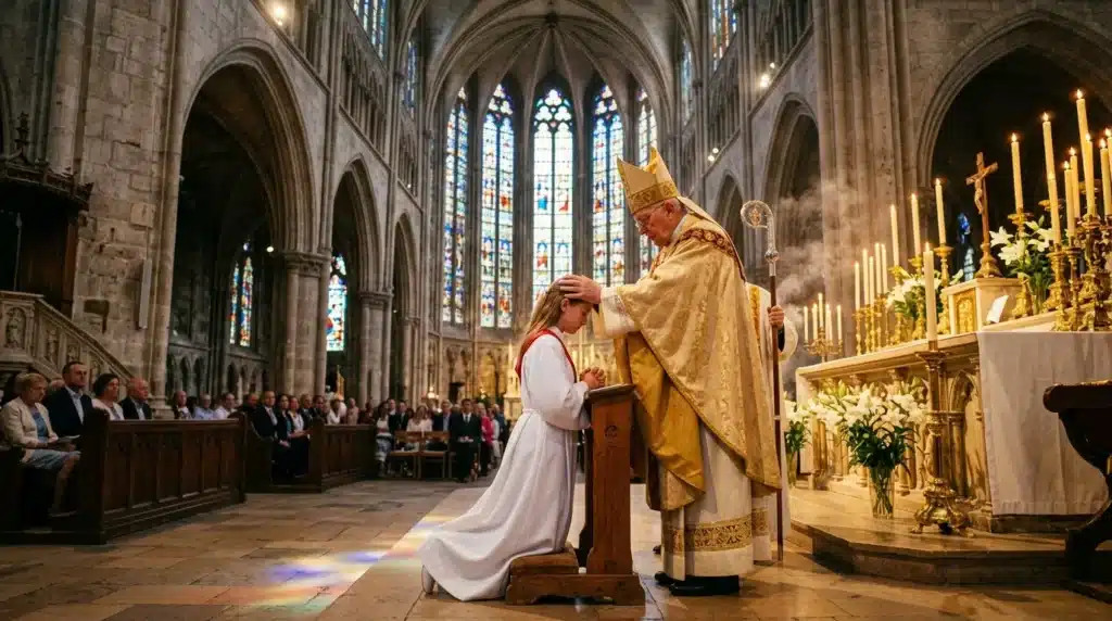 Prêtre en habits dorés ordonnant femme en robe blanche