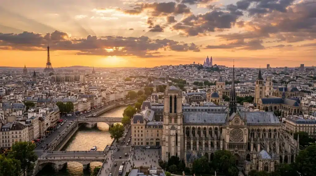Vue aérienne de Paris avec Notre-Dame et la Seine