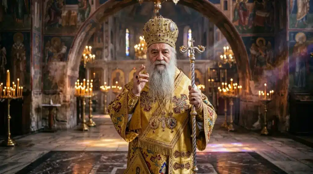Prélat orthodoxe en vestments dorés dans une église ornée