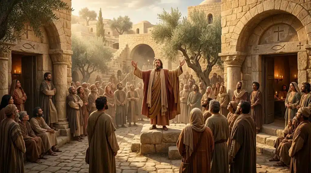 Homme en robe rouge prêchant à une foule dans une cité ancienne