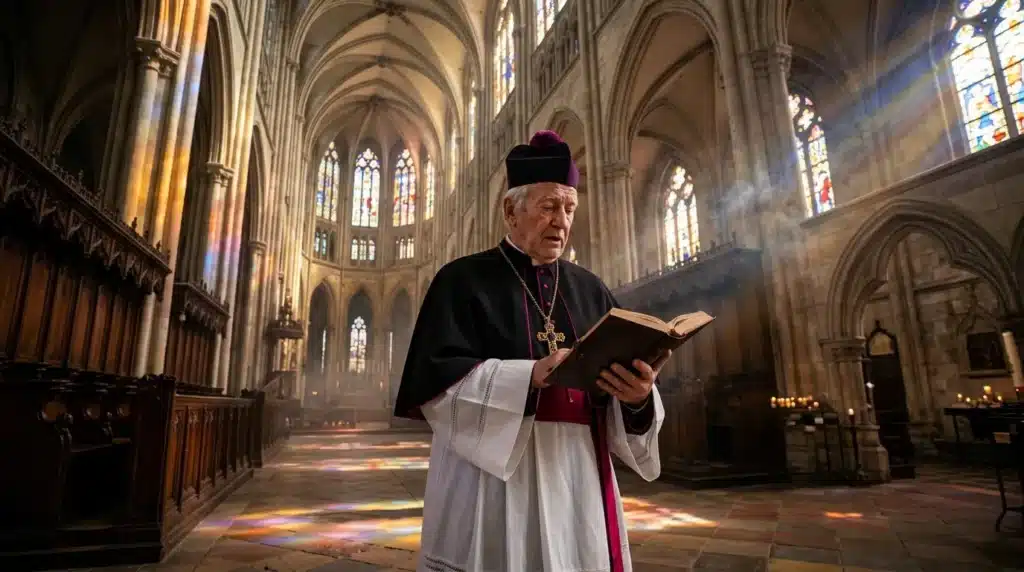 Prêtre en habits liturgiques lisant un livre dans une cathédrale gothique