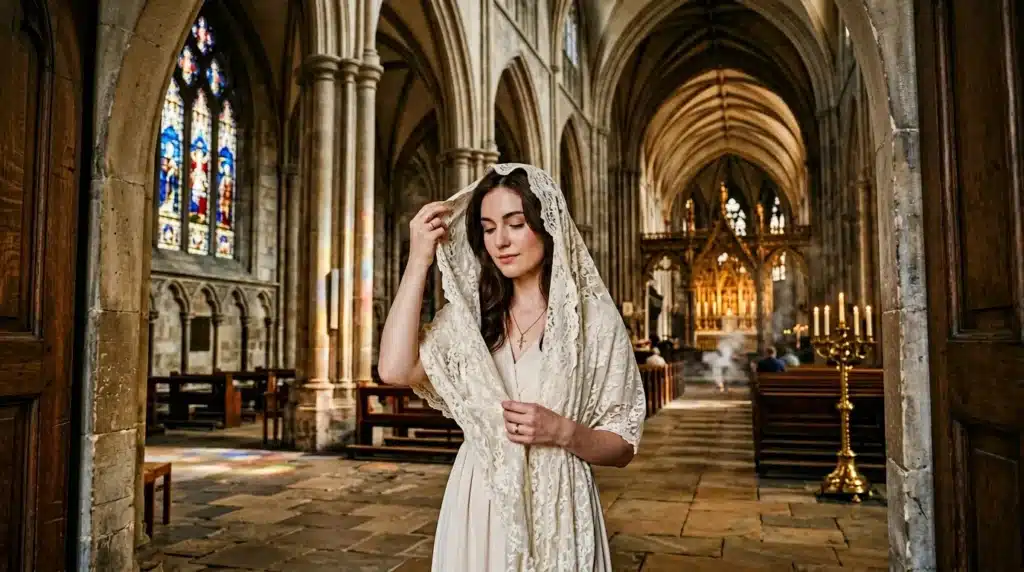 Femme vêtue de blanc dans une cathédrale gothique illuminée
