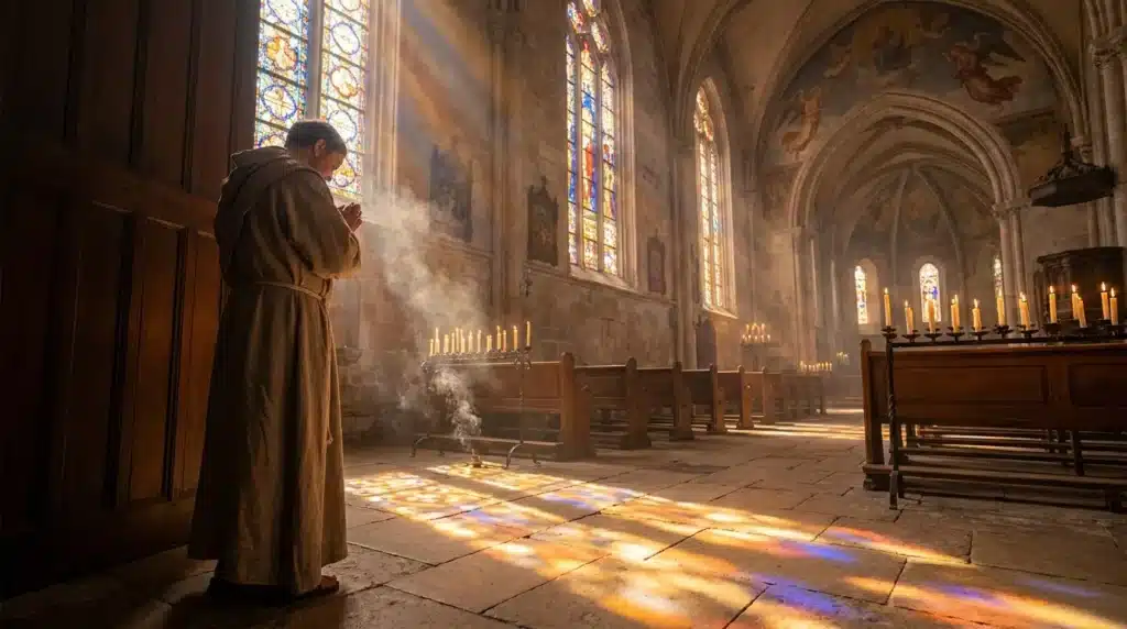 Moine priant dans une cathédrale illuminée par les vitraux