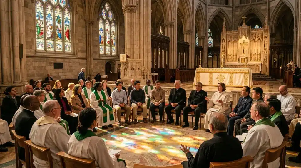 Groupe de religieux et fidèles en cercle dans une cathédrale gothique