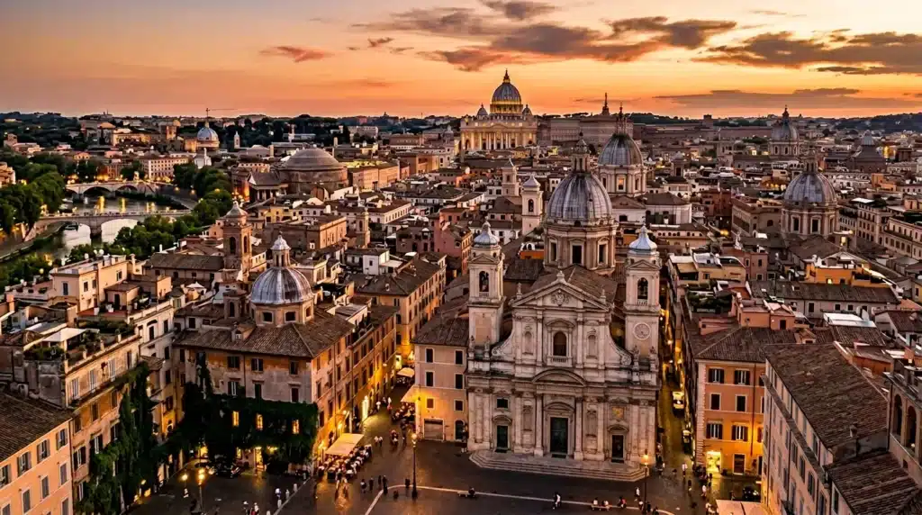 Vue panoramique de Rome avec églises et dômes au crépuscule