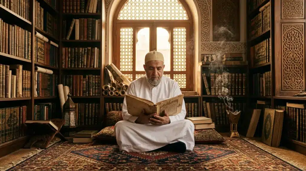 Homme âgé lisant le Coran dans une ancienne bibliothèque islamique