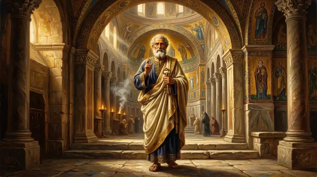 Homme barbu vêtu de robes dorées dans une église byzantine