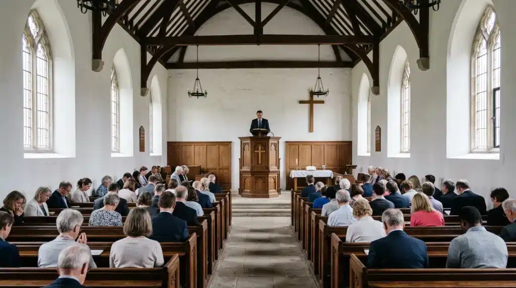Congrégation assise écoutant un pasteur prêcher en église